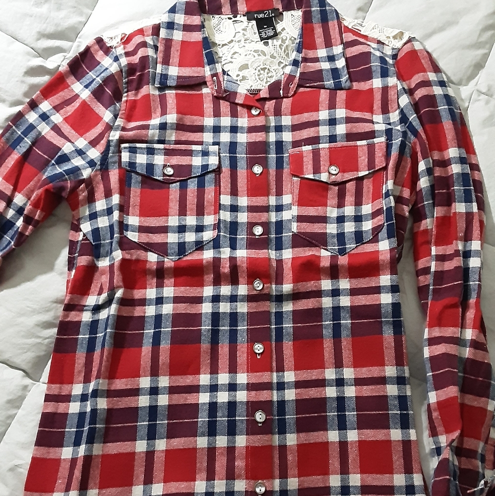 Rue 21 Womens Plaid Lace Back Blouse